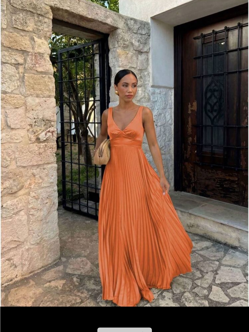 SHEIN Orange Pleated Satin V‑Neck Maxi Dress